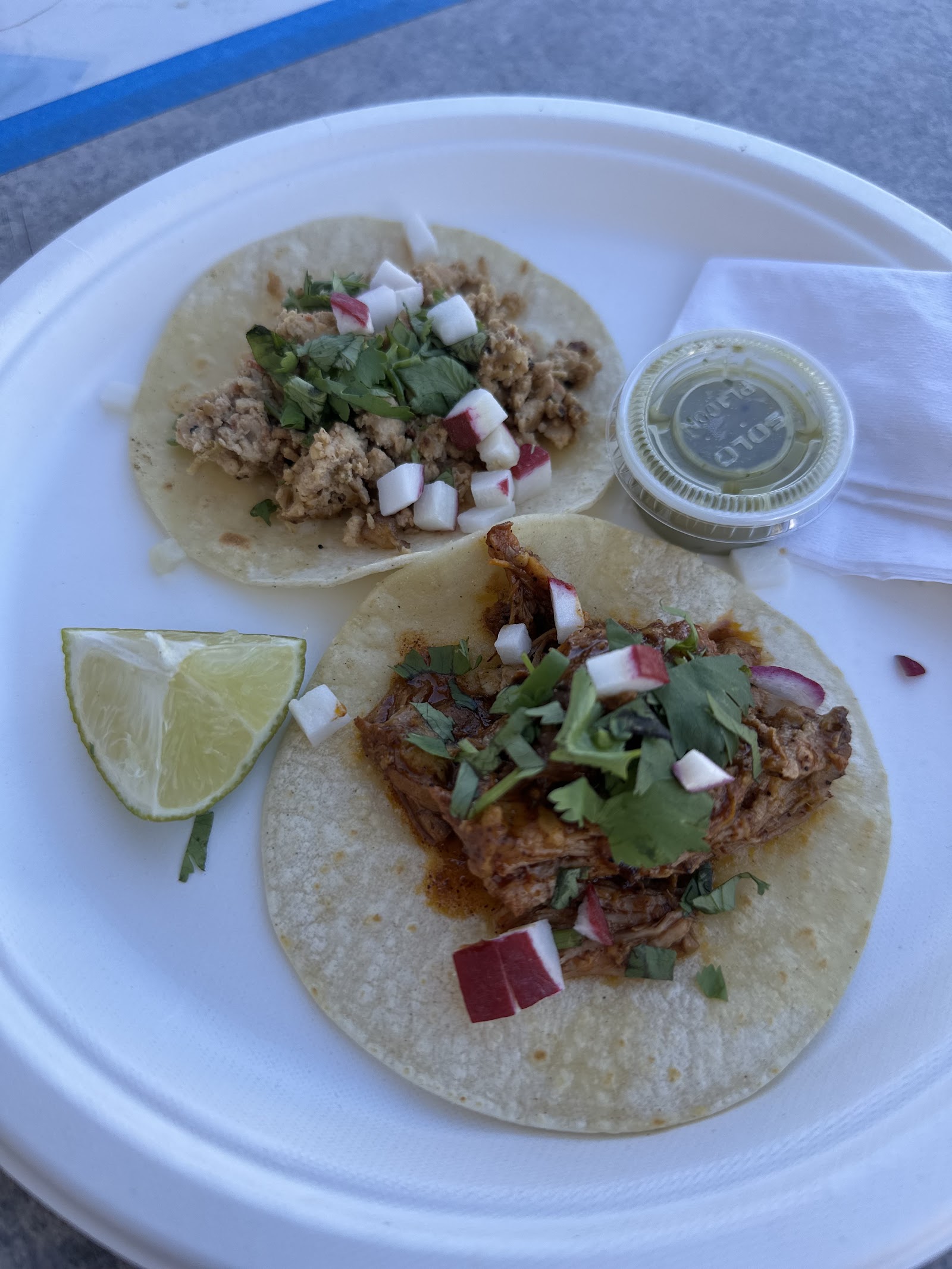 Two tacos on a plate with lime — cochinita and chicken