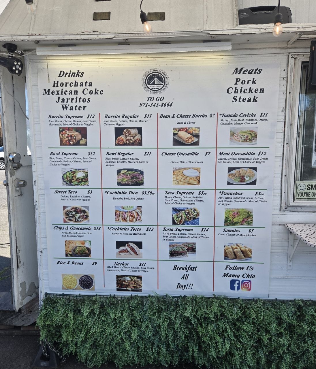 Mama Chio menu board with all prices