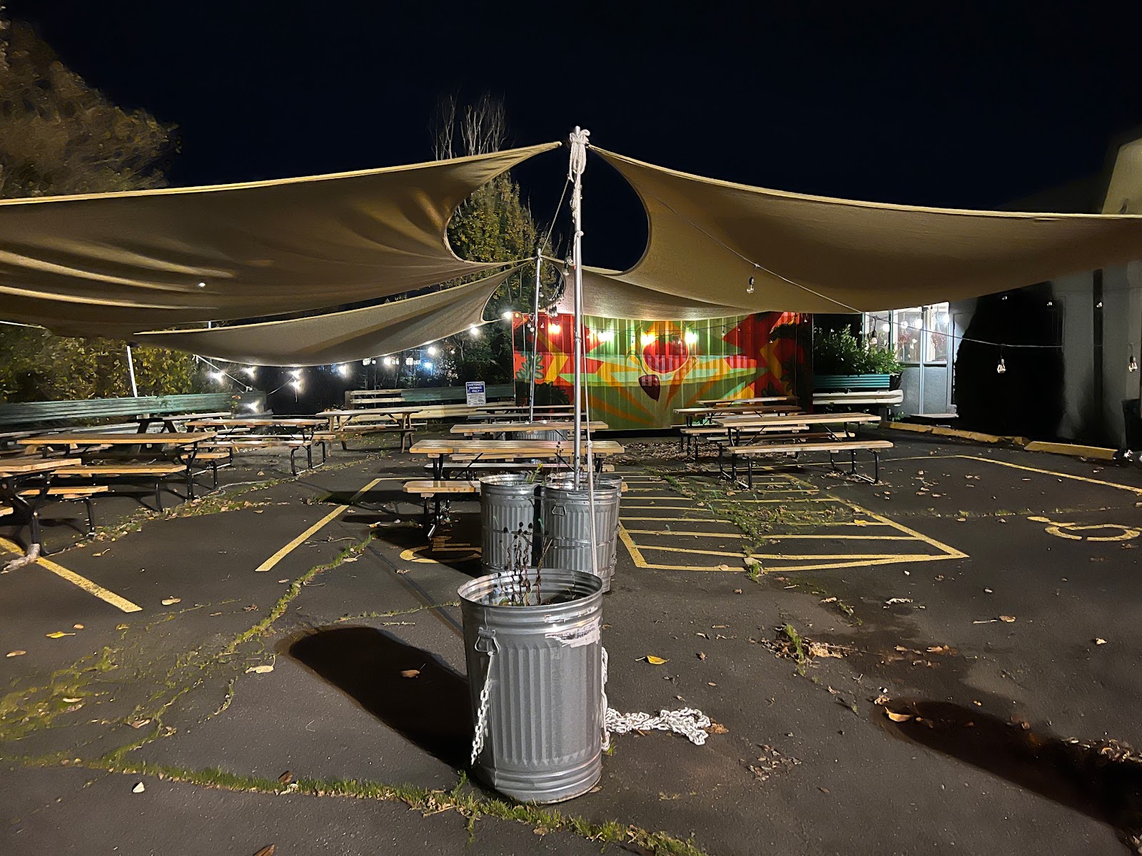 Outdoor seating under shade sails